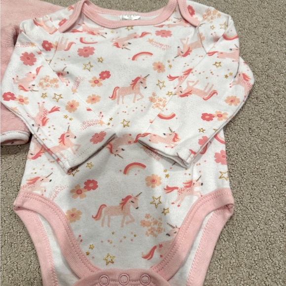 CJP Baby Pink Hoodie Jacket, Pink Unicorn Long Sleeve Onesie, & Grey Pants - Picture 2 of 3